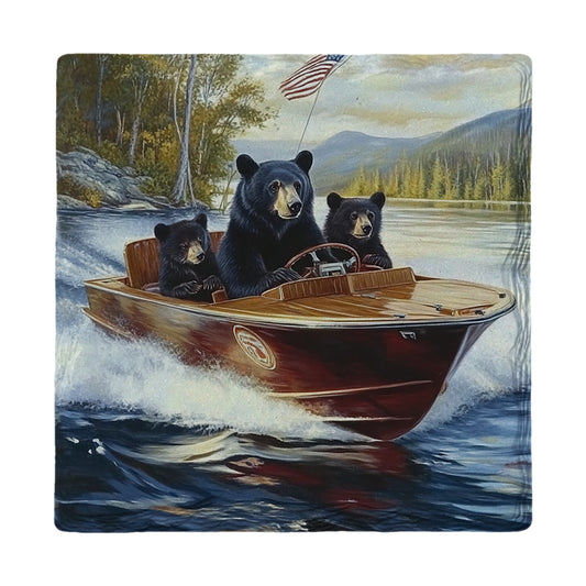 Vintage Black Bear Family Boat Ride | Ceramic Drink Coaster