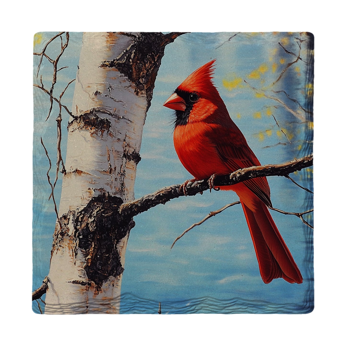 Cardinal In Birch Tree With Blue Sky | Ceramic Drink Coaster