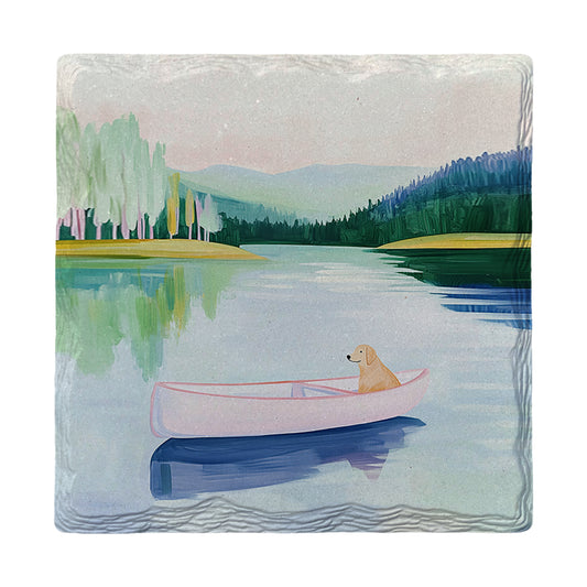 Pastel Pink Dog in Lake Canoe | Ceramic Drink Coaster