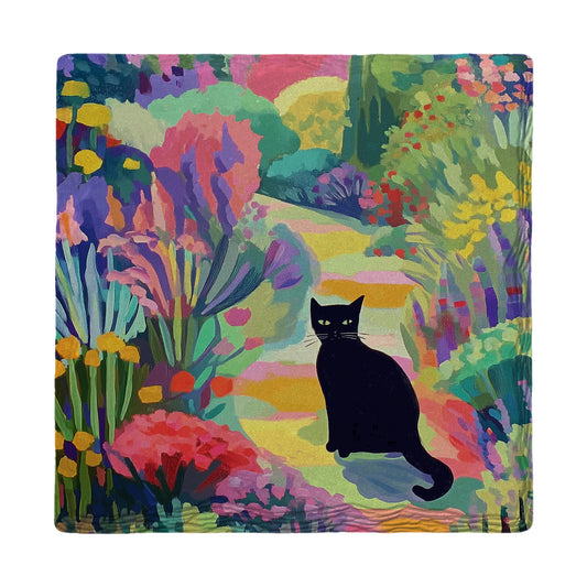 Black Cat In Colorful Garden | Ceramic Drink Coaster