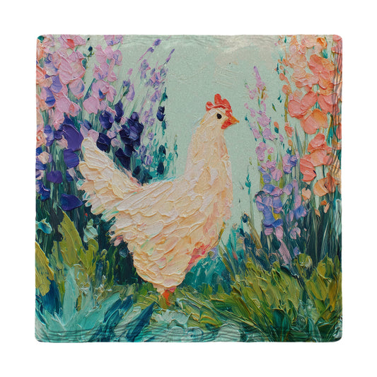 Impasto Chicken in the Flowers | Ceramic Drink Coaster