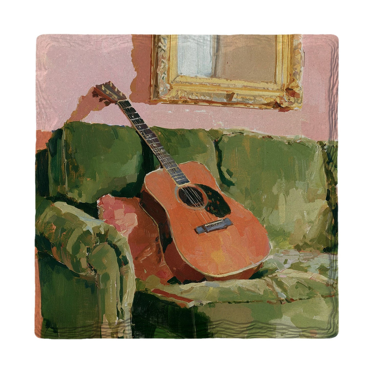 Guitar on the Green Sofa | Absorbent Ceramic Drink Coaster