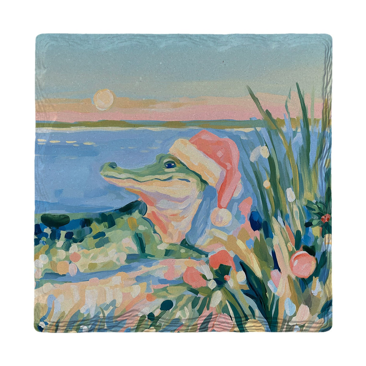 Santa Hat Coastal Gator | Absorbent Ceramic Drink Coaster