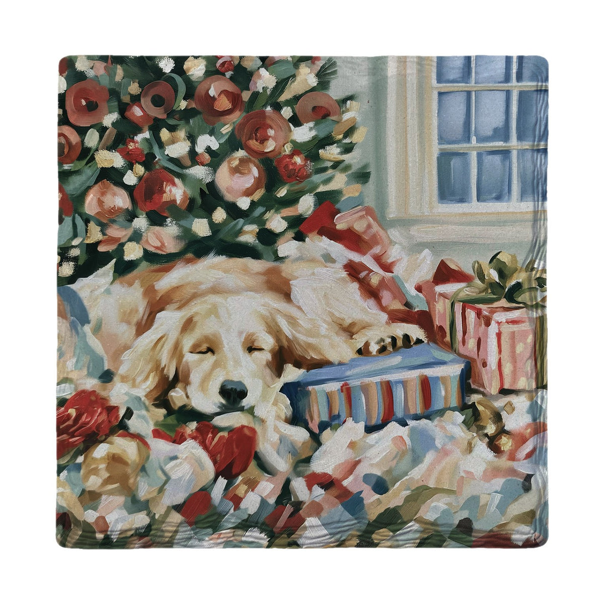 Golden Retriever Christmas Nap | Absorbent Ceramic Drink Coaster