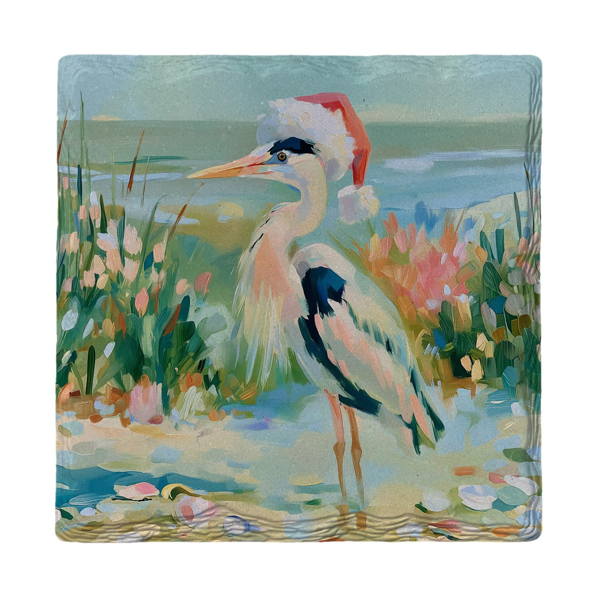 Santa Hat Beach Heron | Absorbent Ceramic Drink Coaster