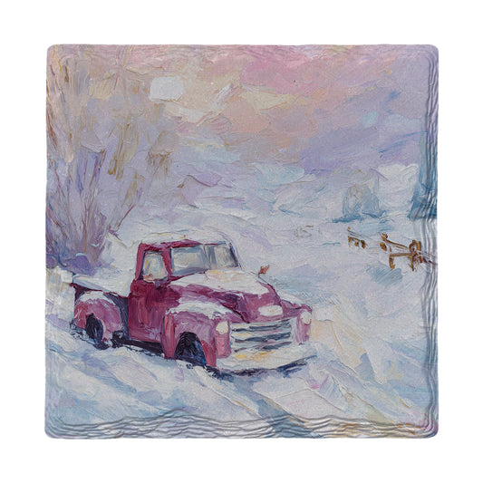 Snowy Red Pickup Truck | Ceramic Drink Coaster