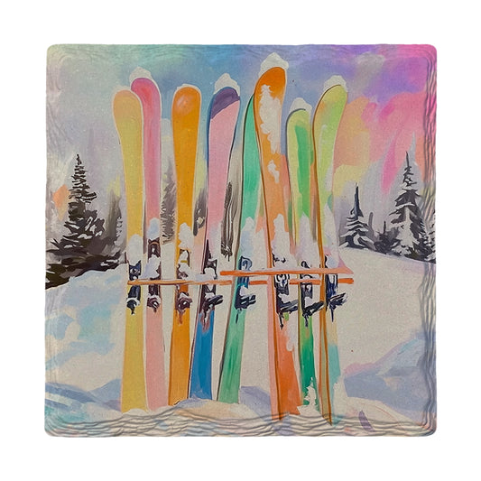 Colorful Skis & Pines | Ceramic Drink Coaster
