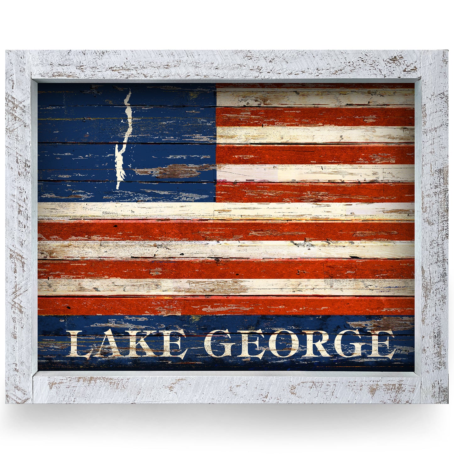 Lake George, New York American Flag | Real Wood Framed Wall Art Print