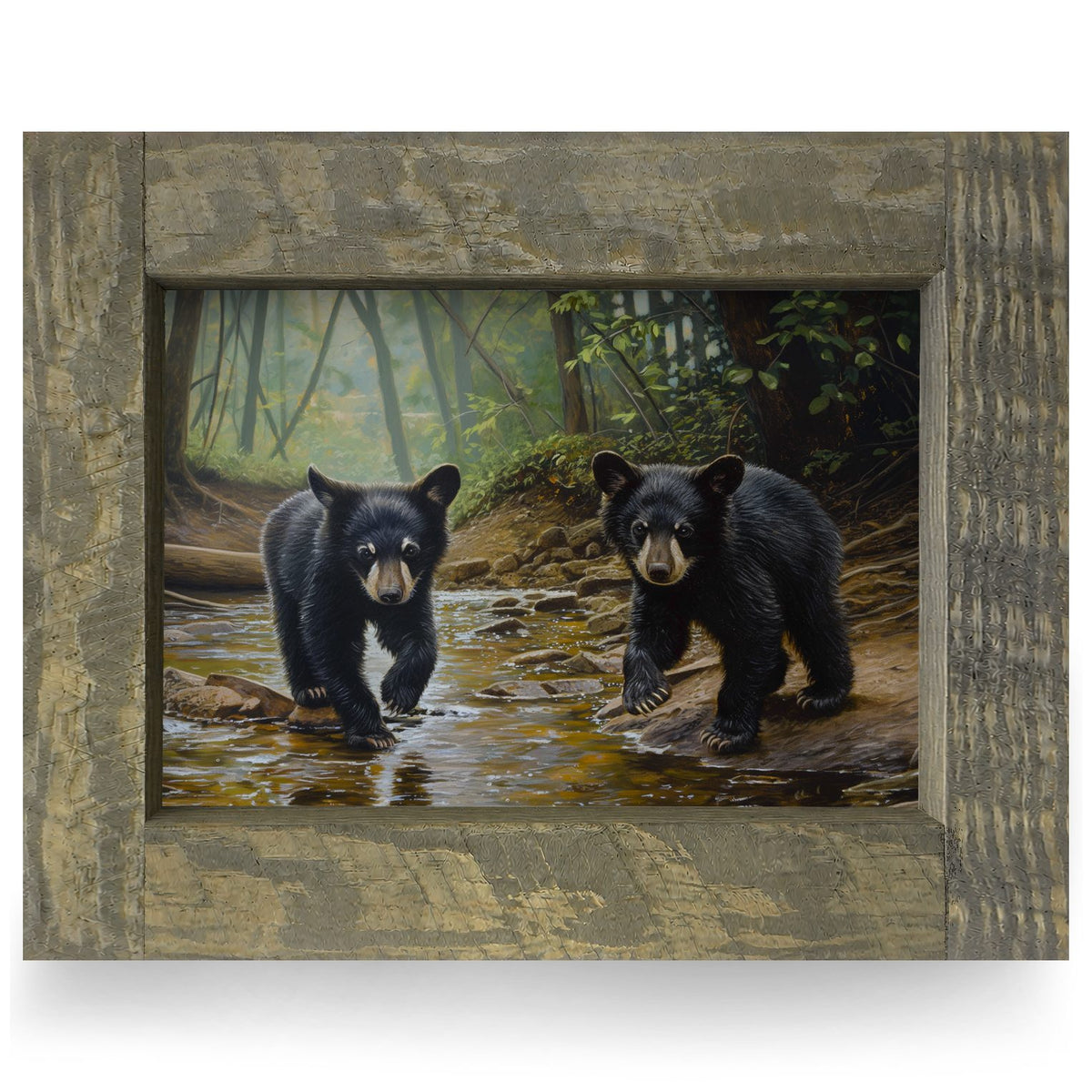 Playful Black Bear Cubs | Real Wood Framed Wall Art Print