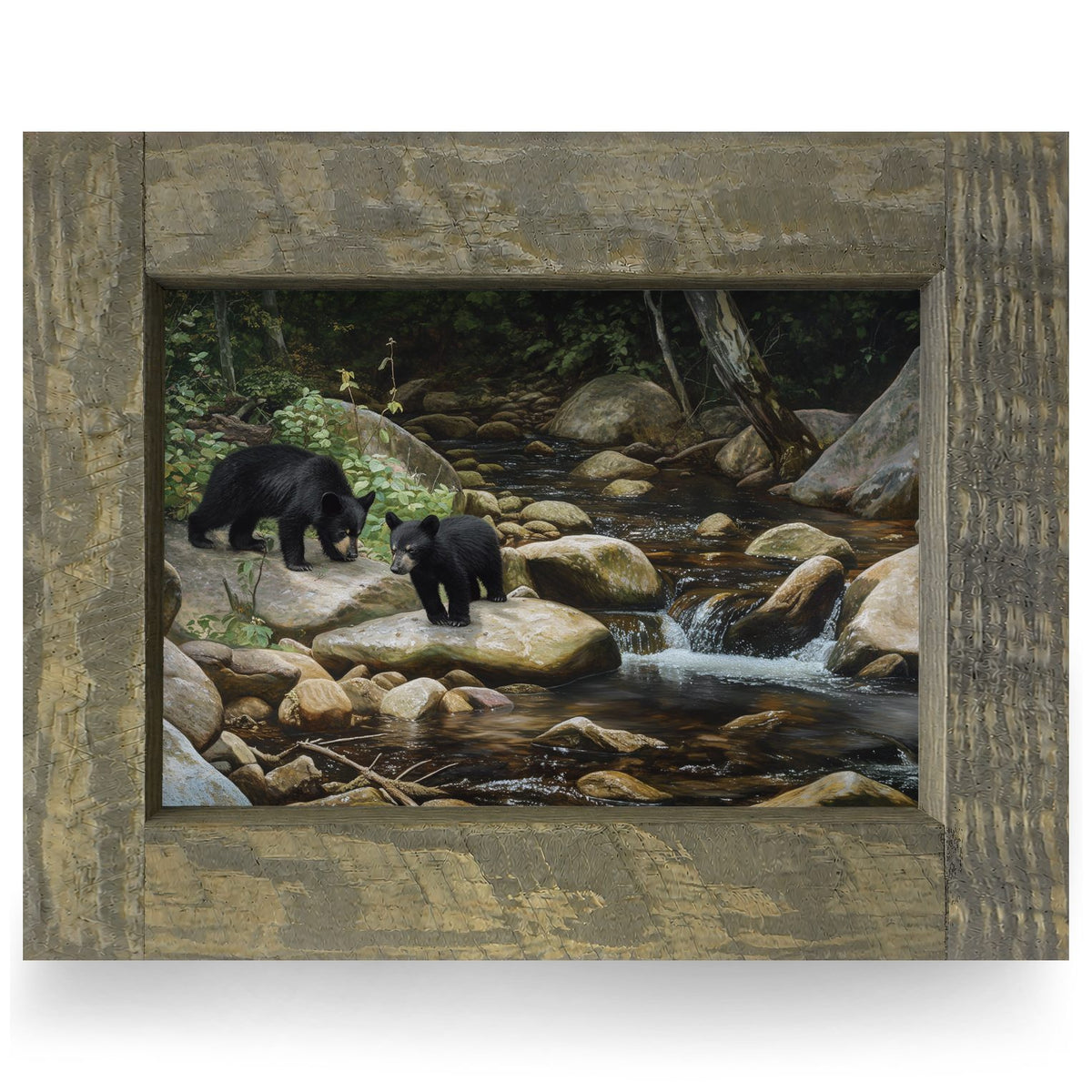 Streamside Black Bear Cubs| Real Wood Framed Wall Art Print
