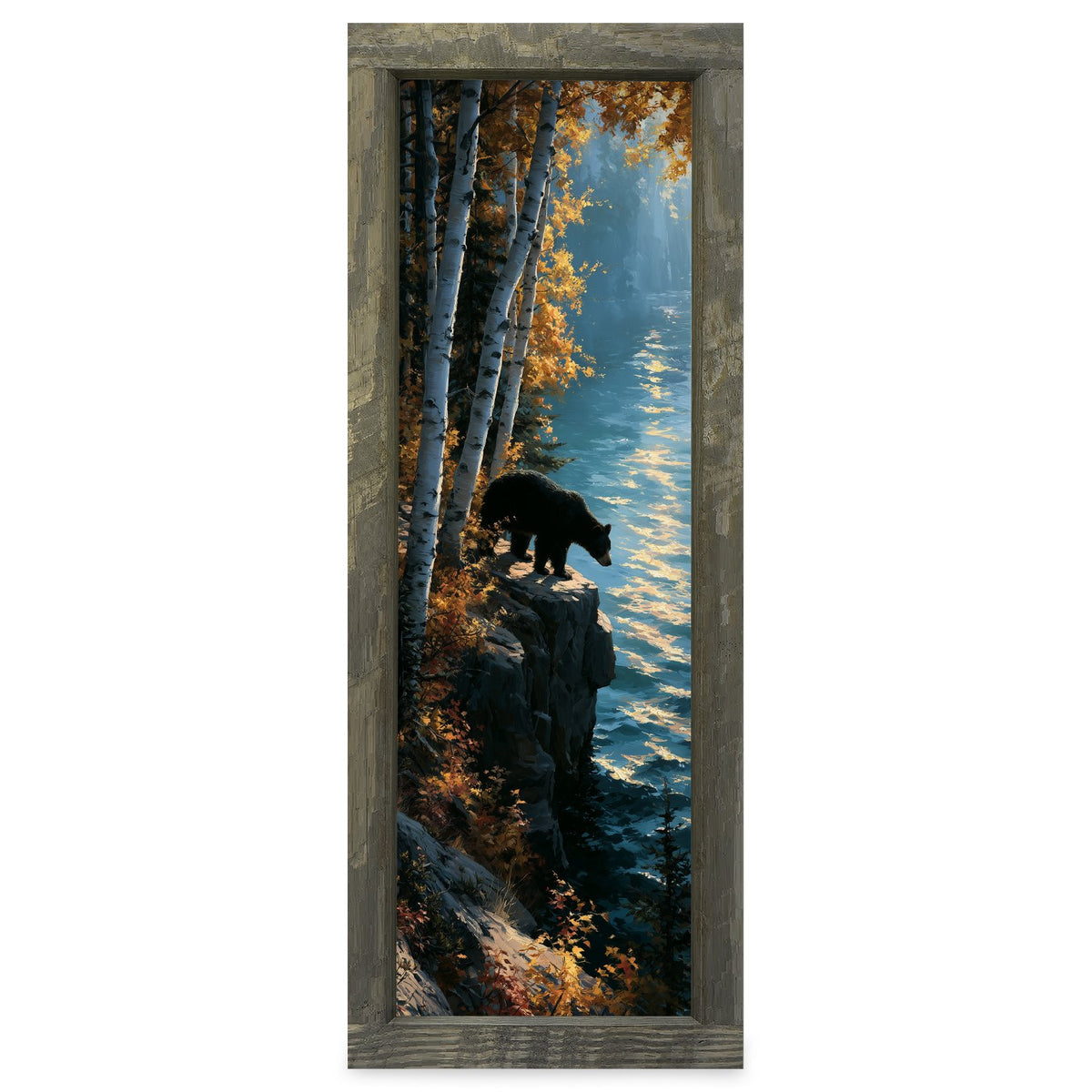 Golden Birch Bluff Bear | Real Wood Framed Wall Art Print | Skinny