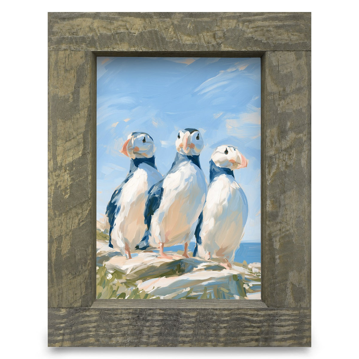 Puffin Trio | Real Wood Framed Wall Art Print