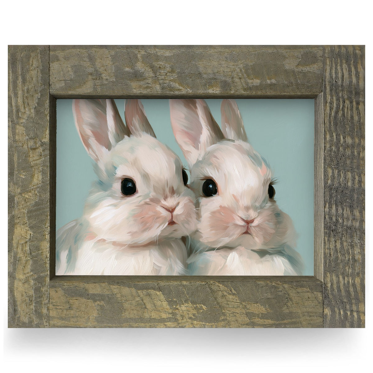 Snuggling Bunny Duo | Real Wood Framed Wall Art Print