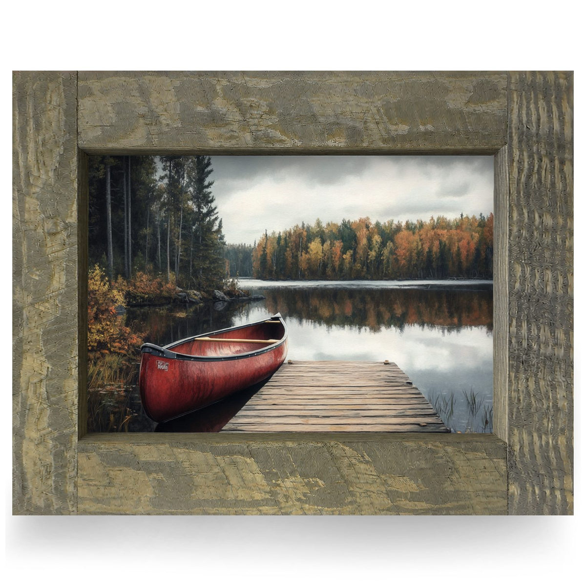 Red Canoe Docked | Real Wood Framed Wall Art Print