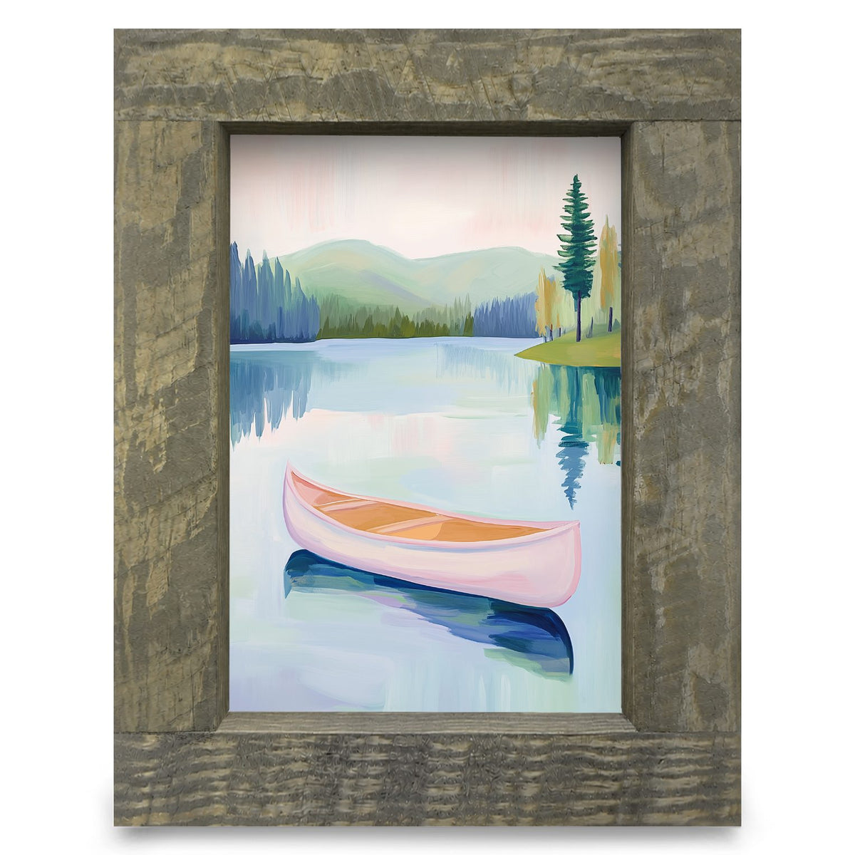 Pastel Pink Lake Canoe | Real Wood Framed Wall Art Print