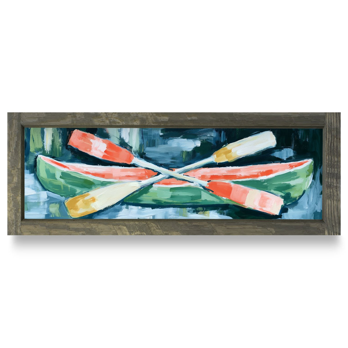 Green Canoe And Paddles | Real Wood Framed Wall Art Print | Skinny