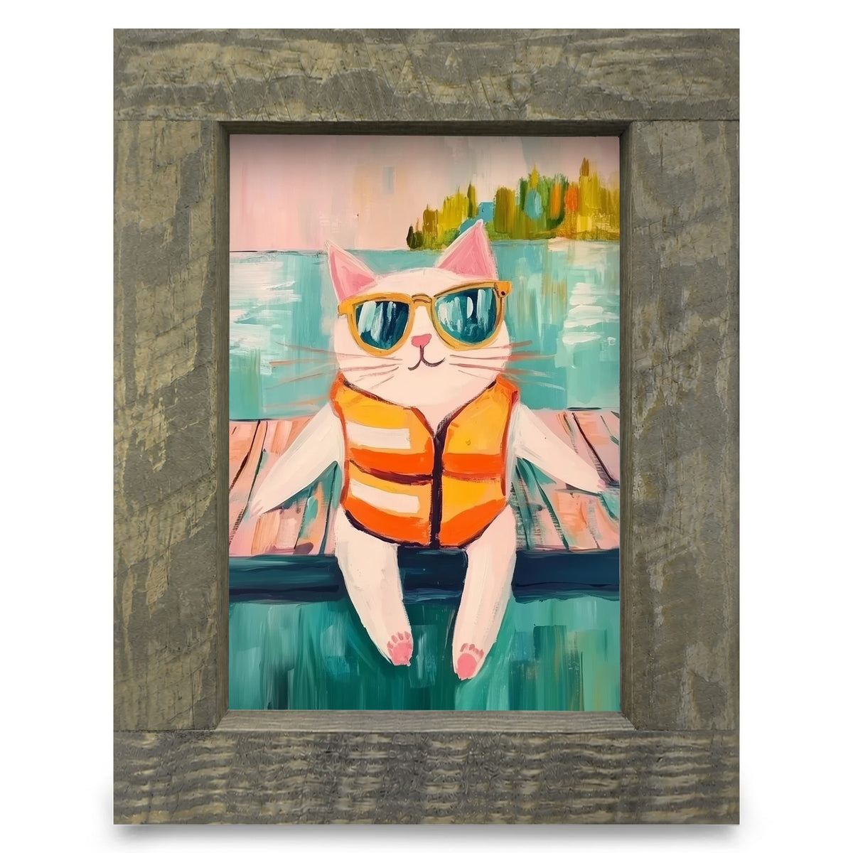 Cool Cat Dock Sitter | Real Wood Framed Wall Art Print