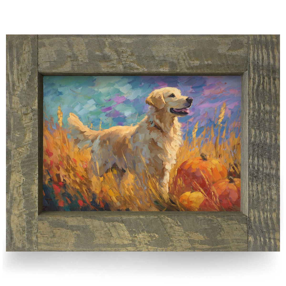 Autumn Glow Golden Retriever | Real Wood Framed Wall Art Print | Horizontal