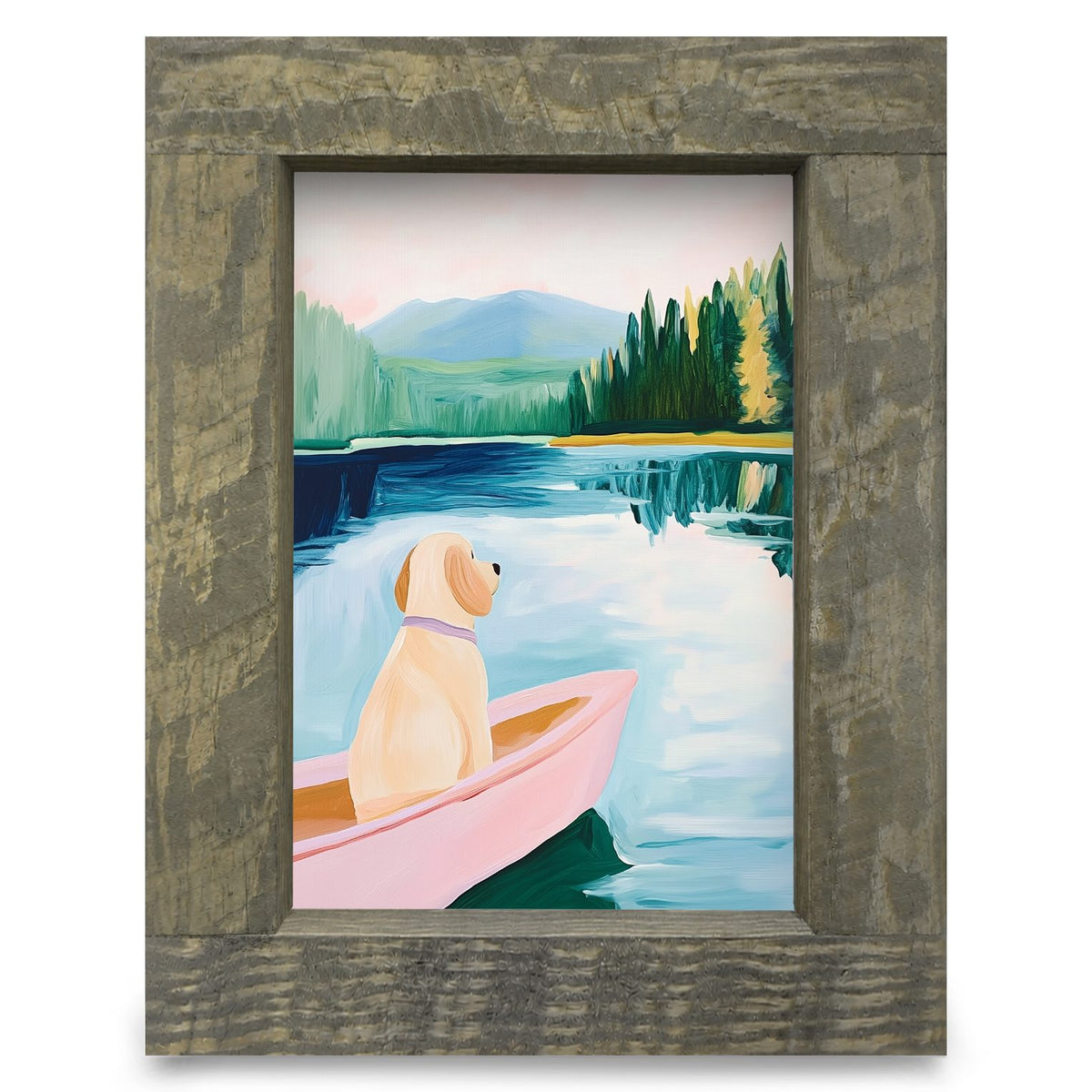 Cute Dog Lake Boat | Real Wood Framed Wall Art Print