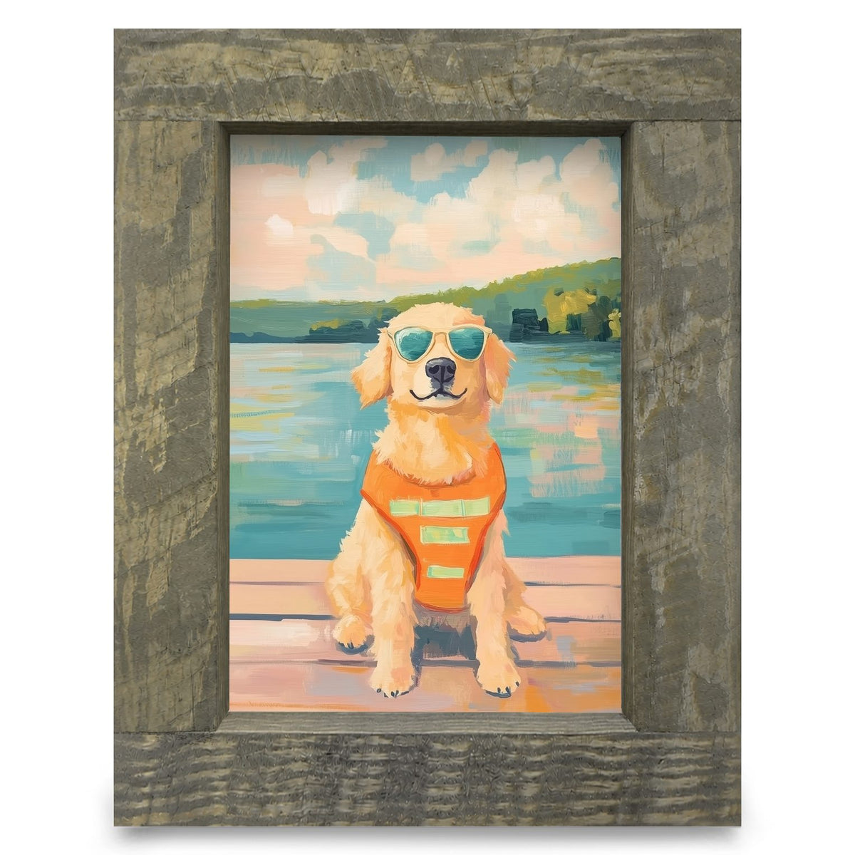 Cool Golden Retriever Lake Dock | Real Wood Framed Wall Art Print