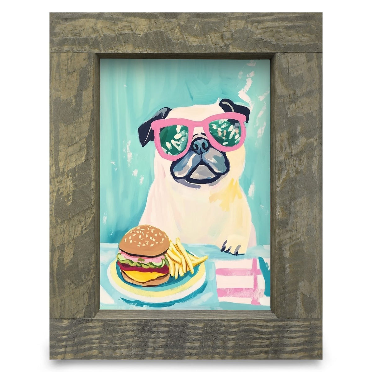 Pug Burger | Real Wood Framed Wall Art Print