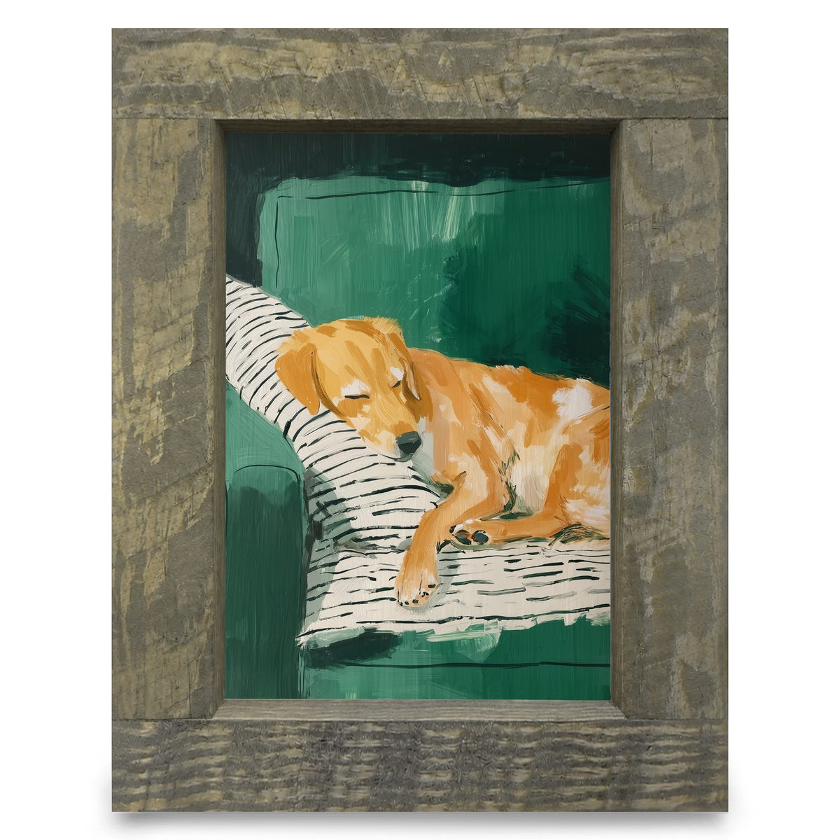 Deep Green Dog Nap | Real Wood Framed Wall Art Print