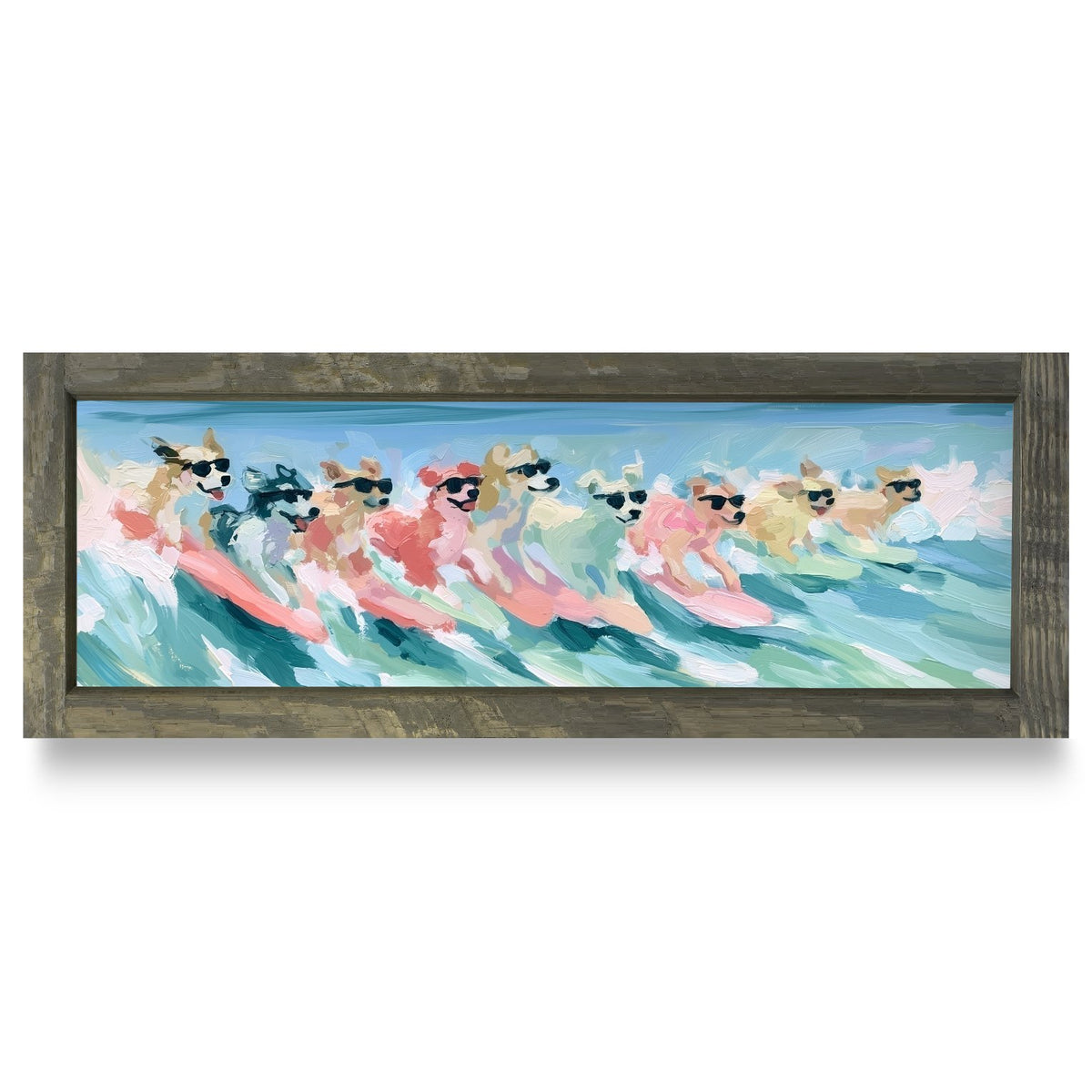 Surfing Dogs In Shades | Real Wood Framed Wall Art Print | Skinny