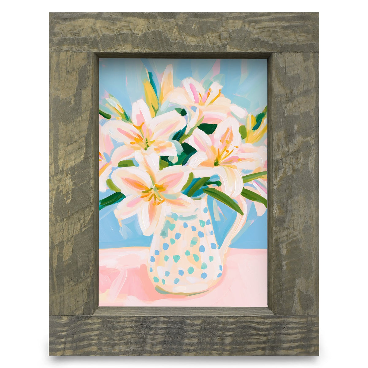 Lilies in a Polka Dot Pitcher | Real Wood Framed Wall Art Print