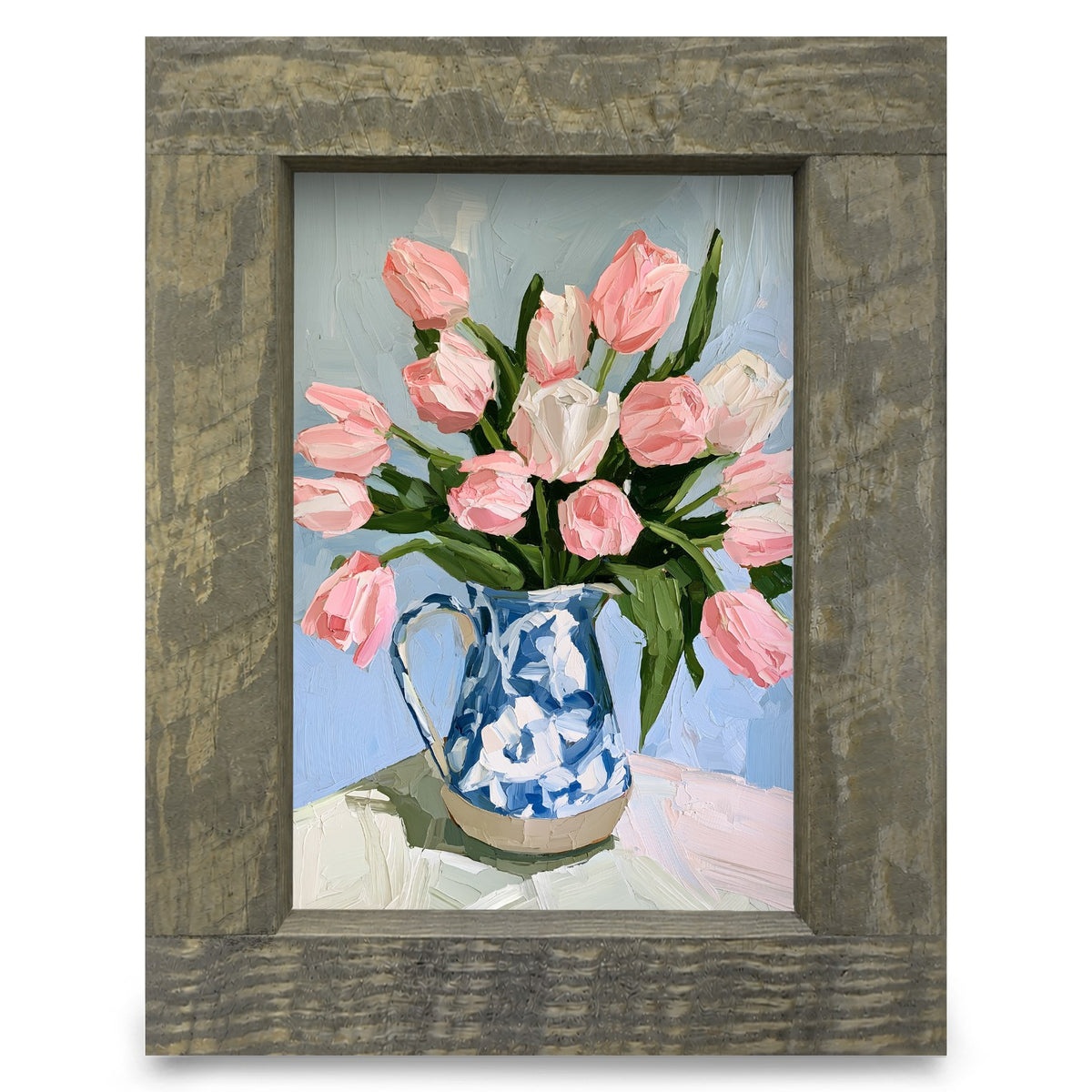 Pink Tulips in Blue Pitcher | Real Wood Framed Wall Art Print