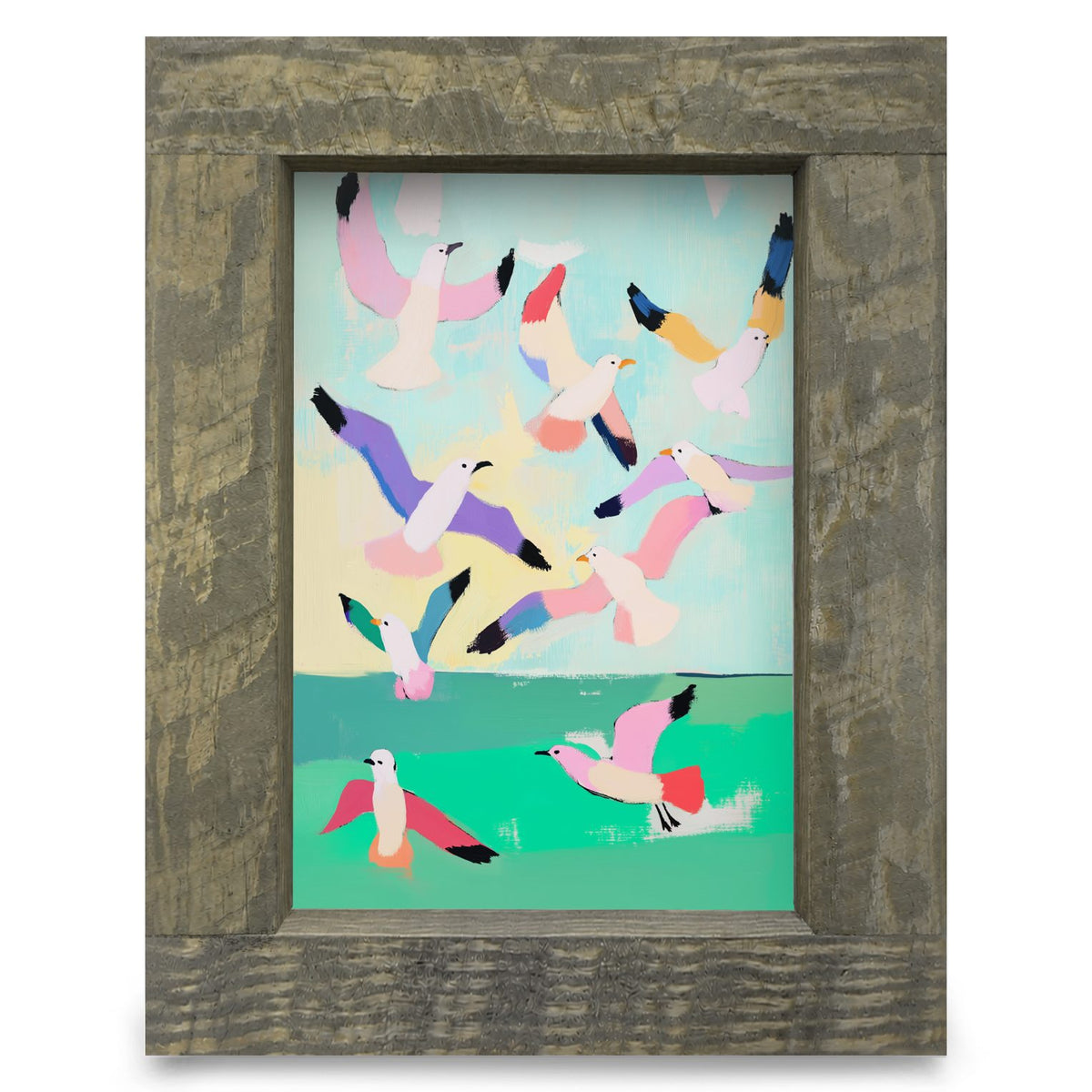 Colorful Seagulls | Real Wood Framed Wall Art Print
