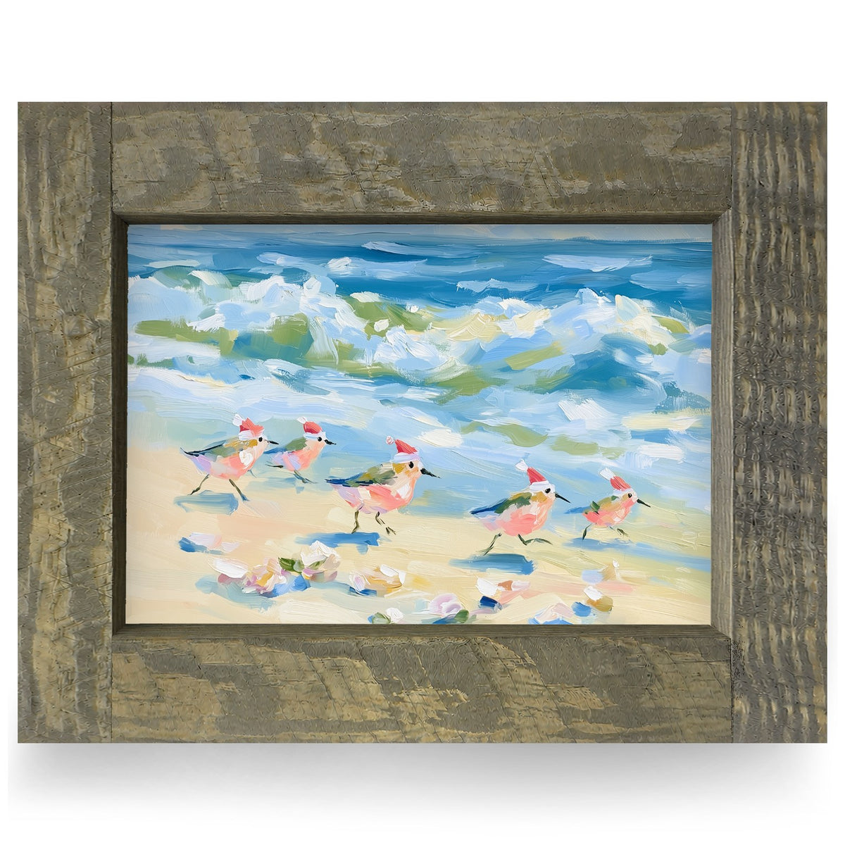 Santa Hat Sandpipers | Real Wood Framed Wall Art Print