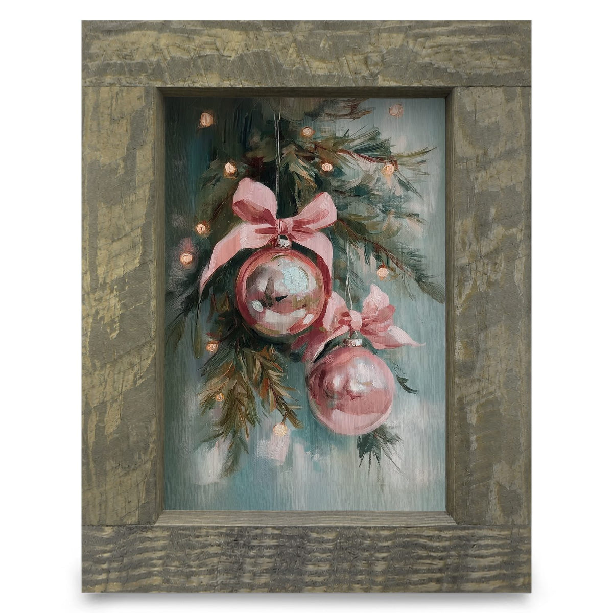 Cute Pink Christmas Bulbs | Real Wood Framed Wall Art Print