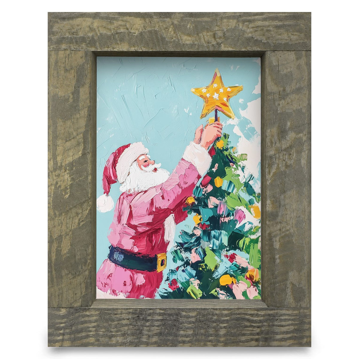 Santa Topping the Tree | Real Wood Framed Wall Art Print
