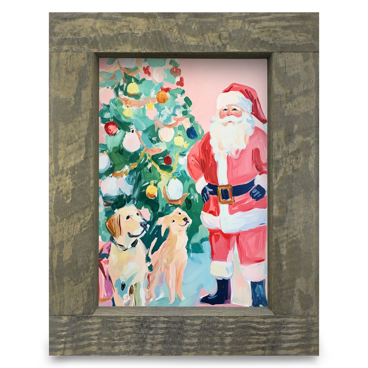 Santa Claus and Paws | Real Wood Framed Wall Art Print