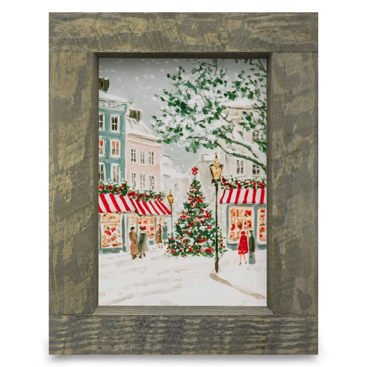 Snowy Christmas Village Street | Real Wood Framed Wall Art Print