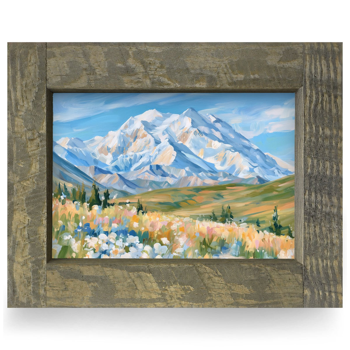 Snowcapped Mountain Meadow | Real Wood Framed Wall Art Print