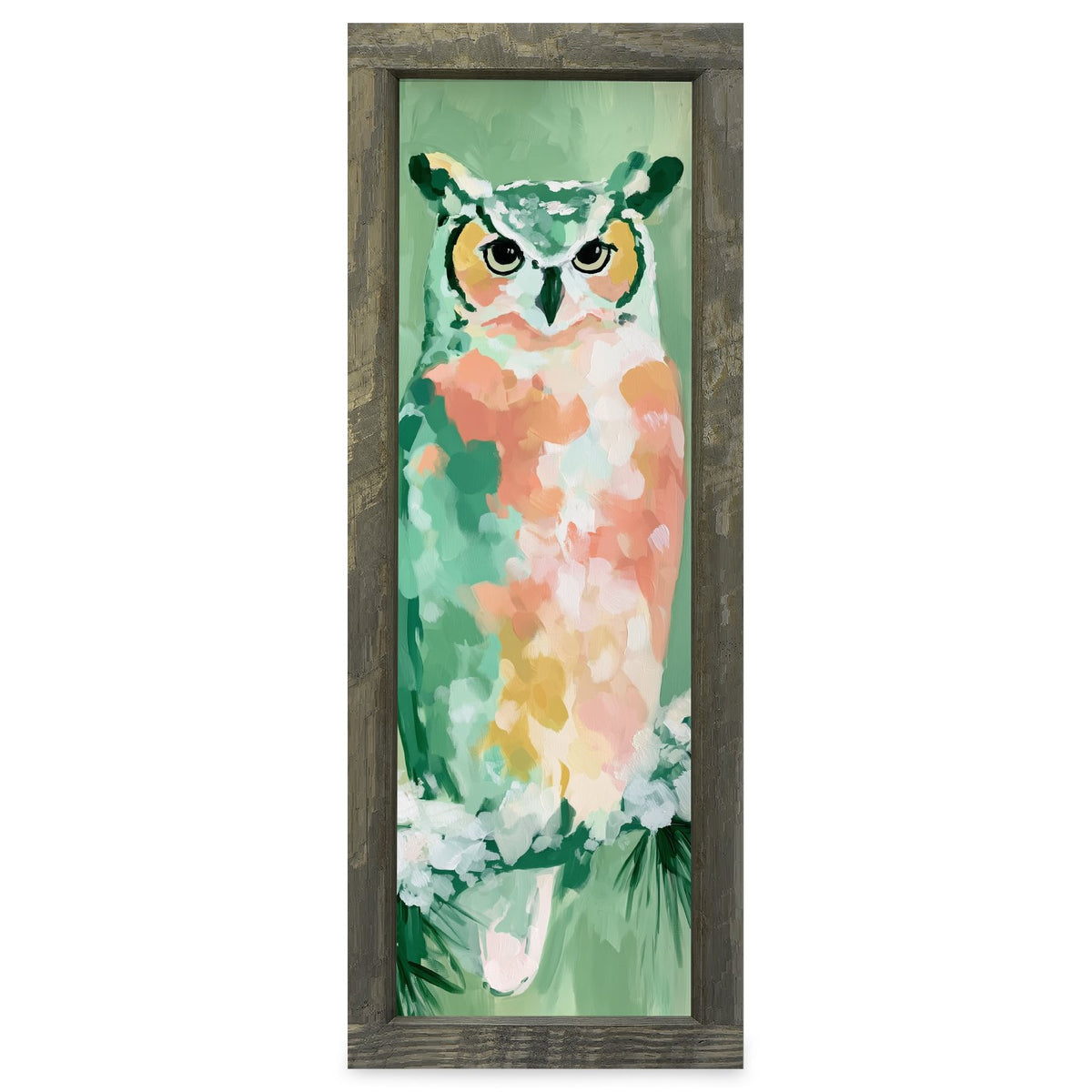 Sage Green Owl | Real Wood Framed Wall Art Print | Skinny