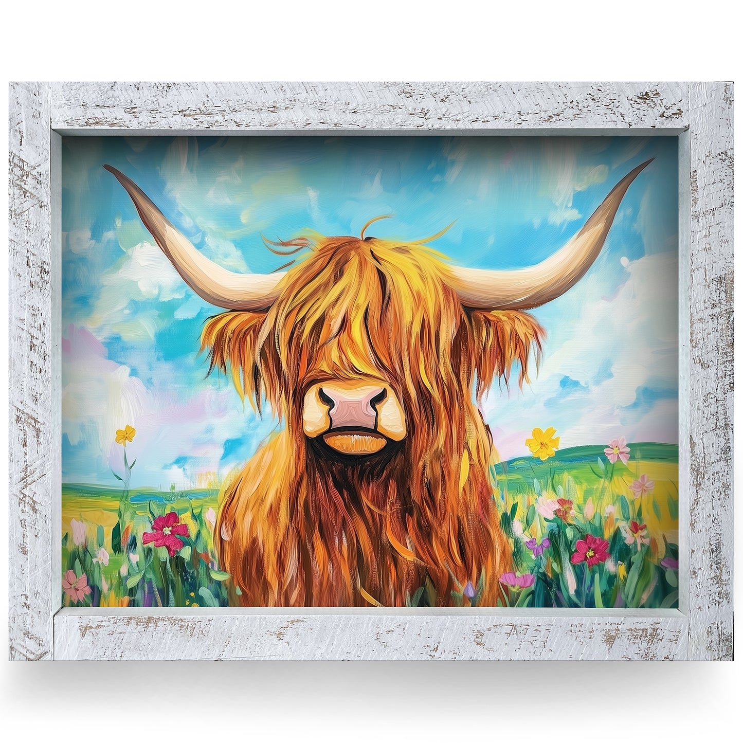 Highland Cow Wildflowers | Real Wood Framed Wall Art Print