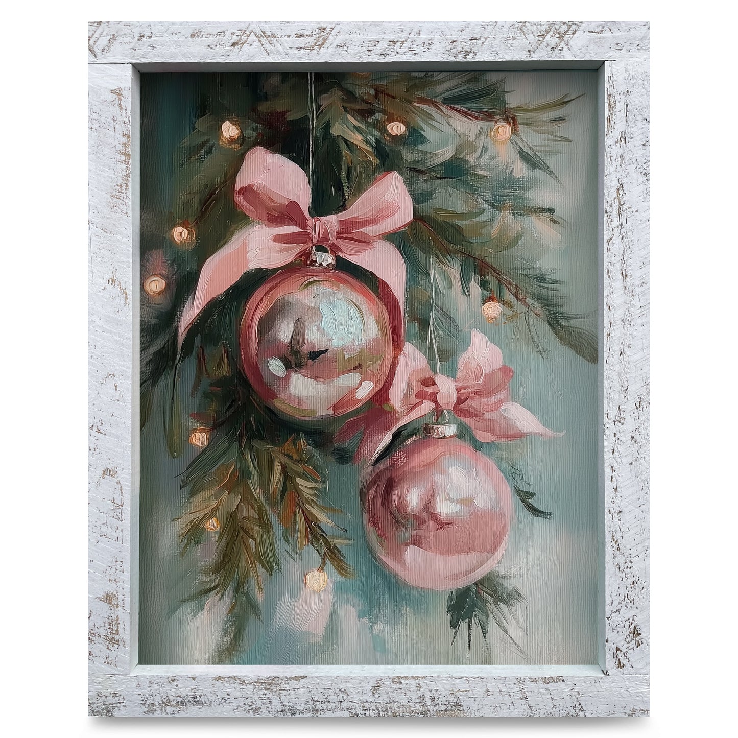 Cute Pink Christmas Bulbs | Real Wood Framed Wall Art Print