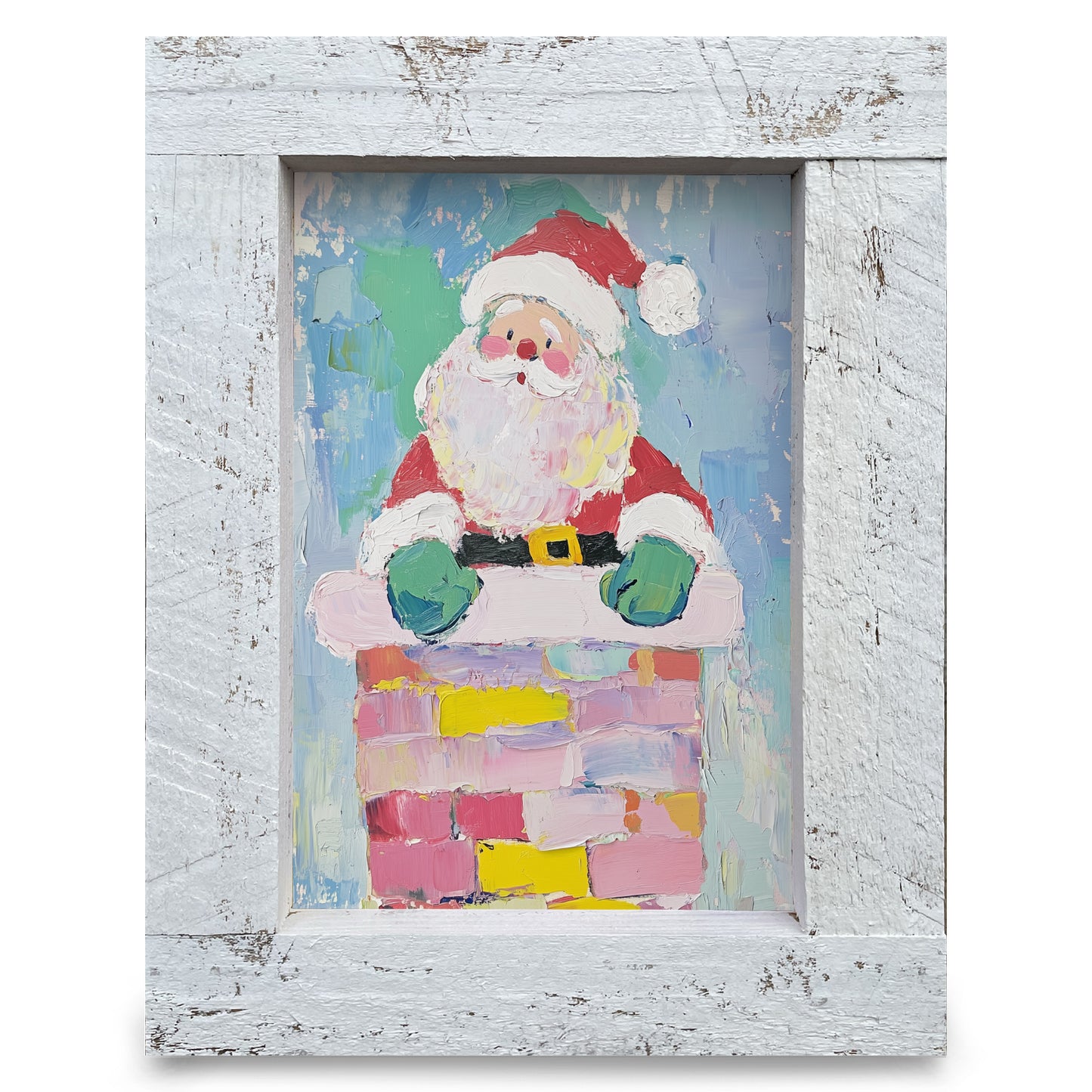 Cute Chimney Santa | Real Wood Framed Wall Art Print