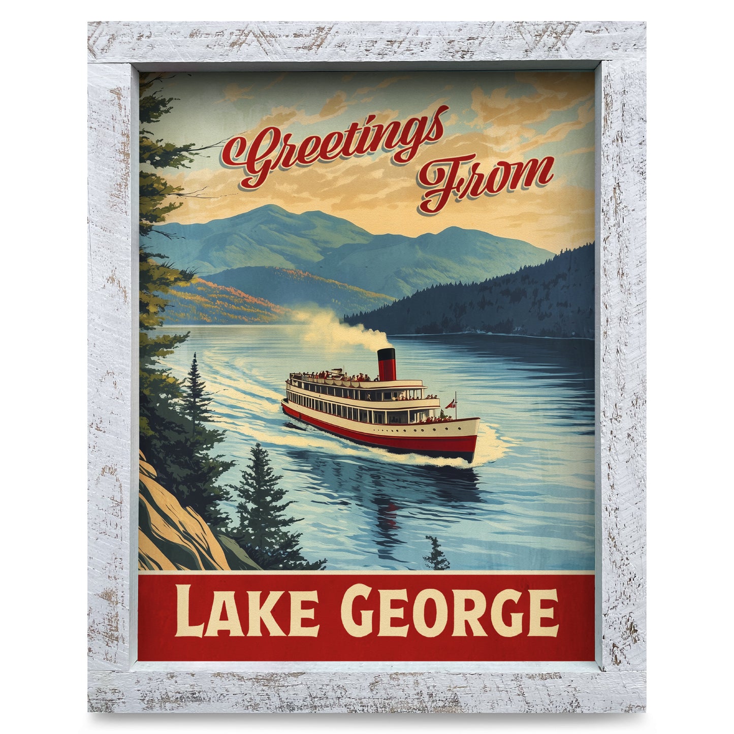 Lake George, New York Steamboat Poster | Real Wood Framed Wall Art Print