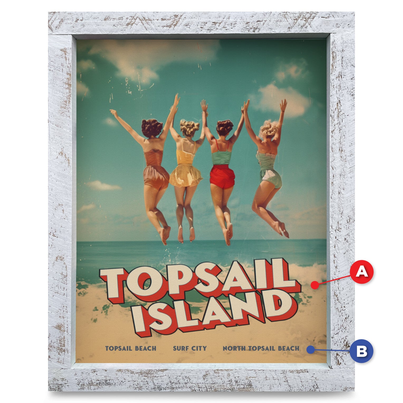 Customizable Vintage Jumping Beach Girls | Real Wood Framed Wall