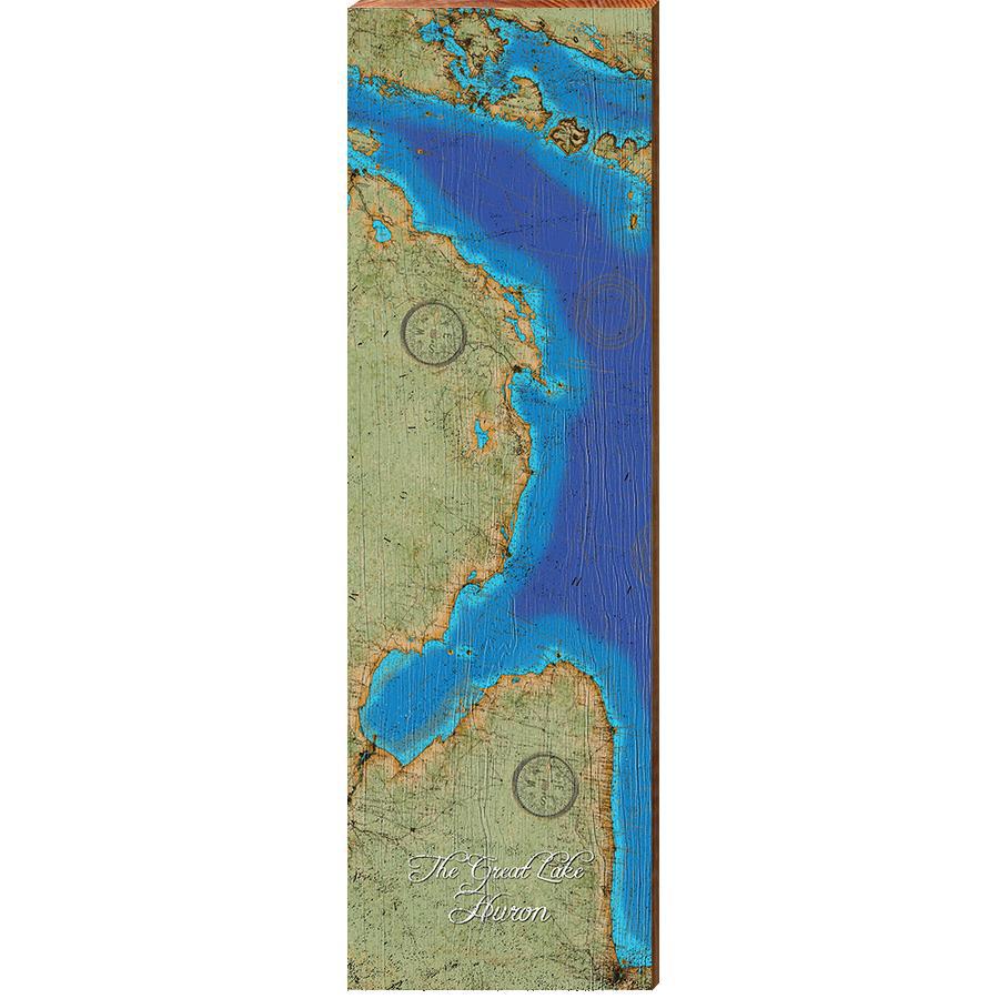 Lake Huron Topographical Styled Chart | Wall Art Print on Real Wood