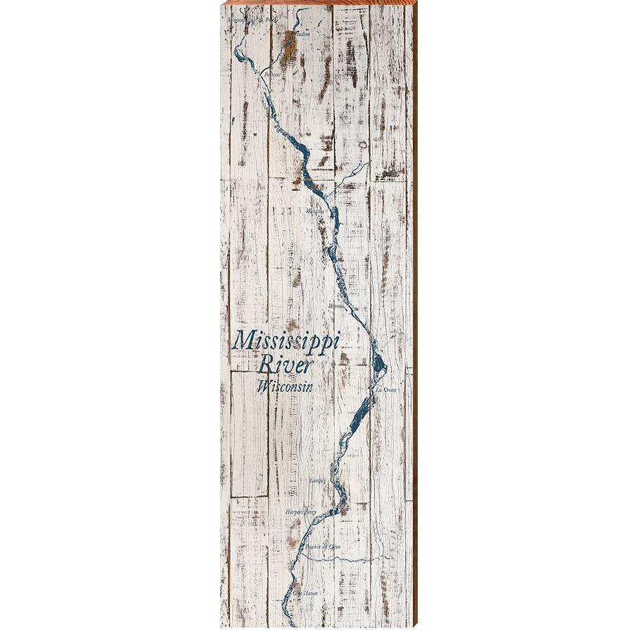 Mississippi River, Wisconsin Shabby Map Home Decor Art Print on Real Wood