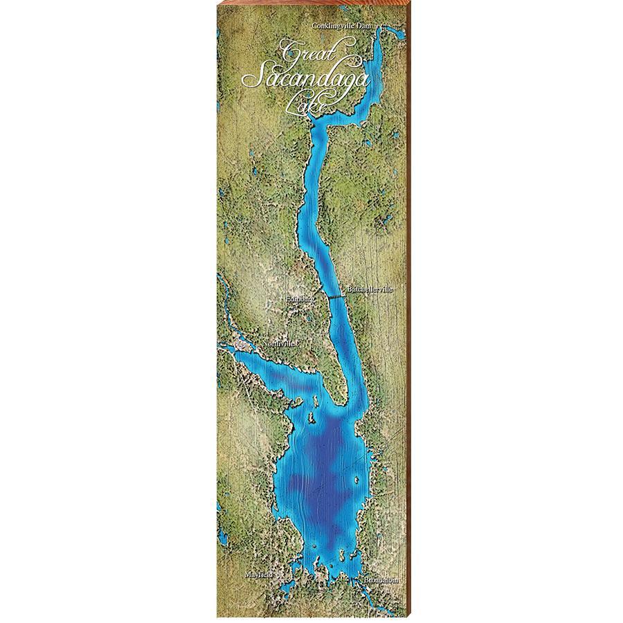 Great Sacanaga Lake Map Home Decor Art Print on Real Wood