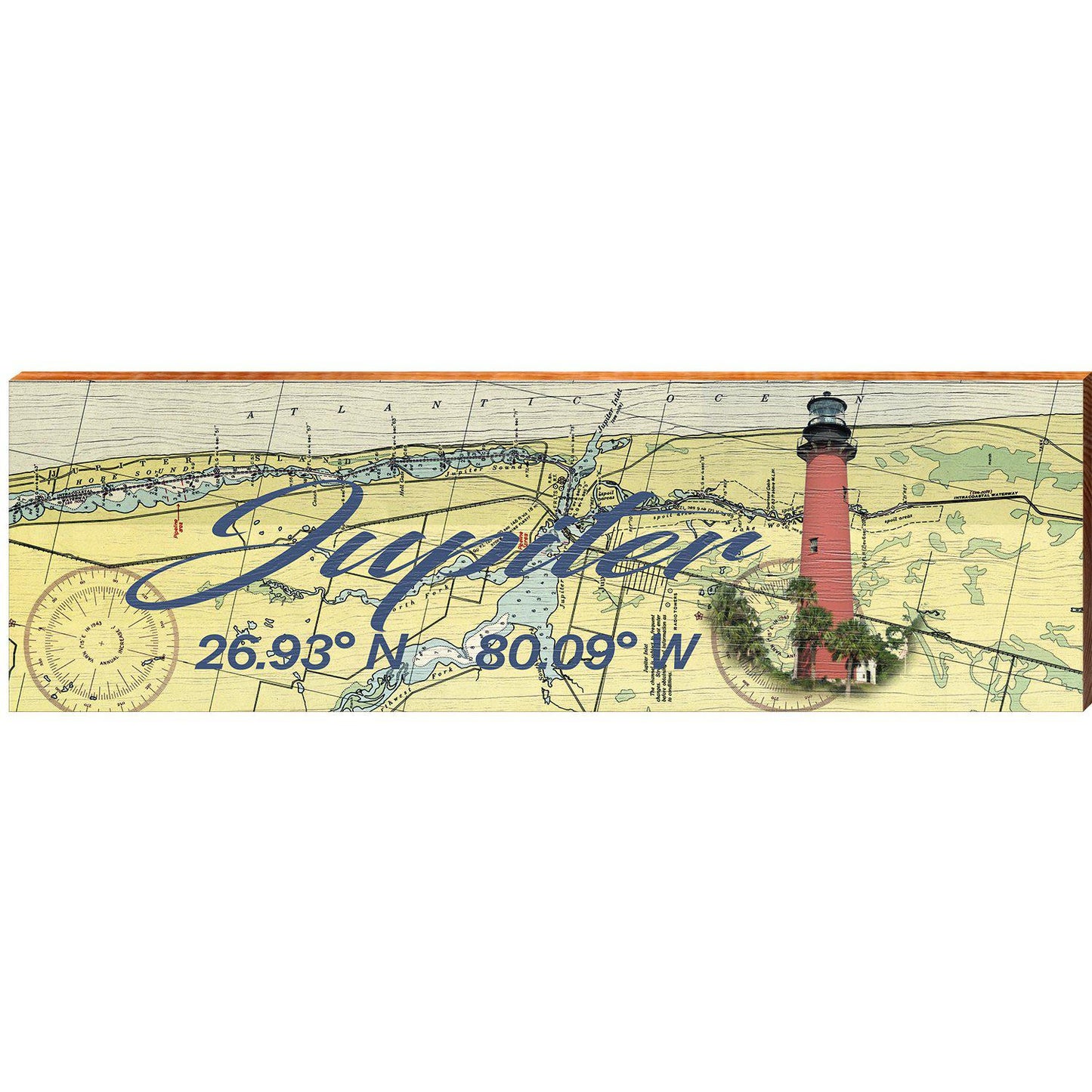 Jupiter, Florida with Jupiter Inlet Lighthouse Map Latitude Longitude Wooden Sign | Wall Art Print on Real Wood