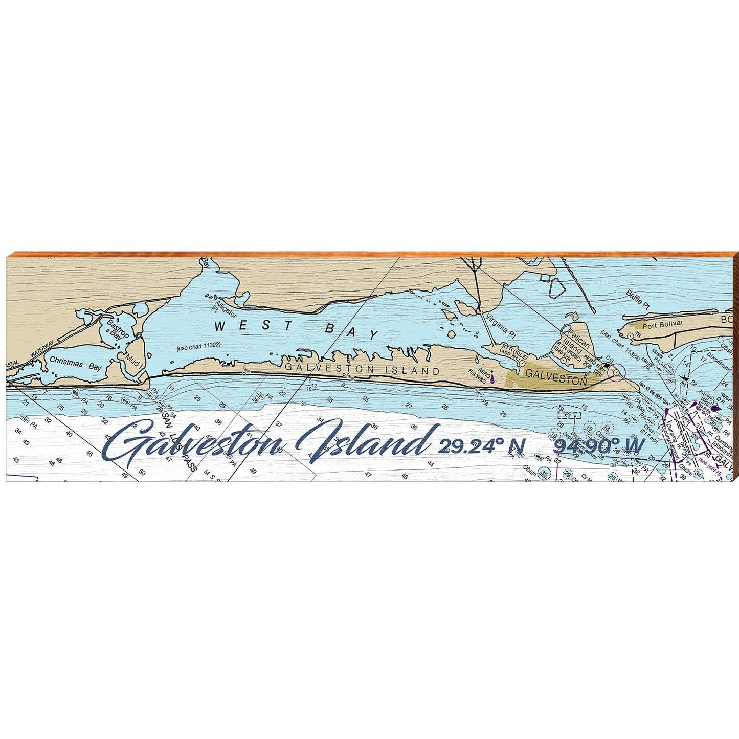 Galveston Island NOAA Chart | Wall Art Print on Real Wood