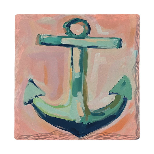 Teal Anchor on Coral | Ceramic Drink Coaster