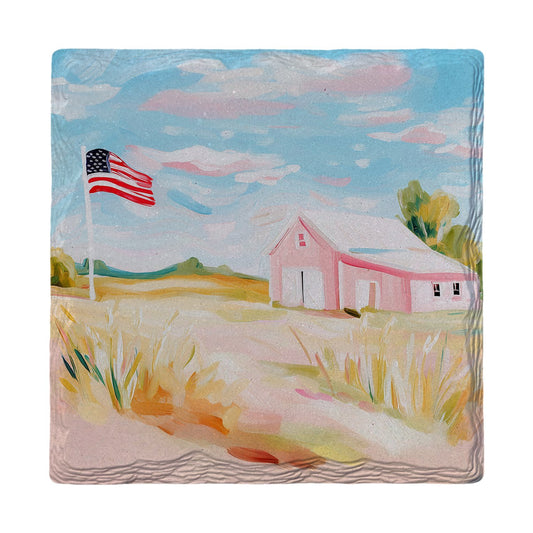 Flag and Pink Barn | Ceramic Drink Coaster