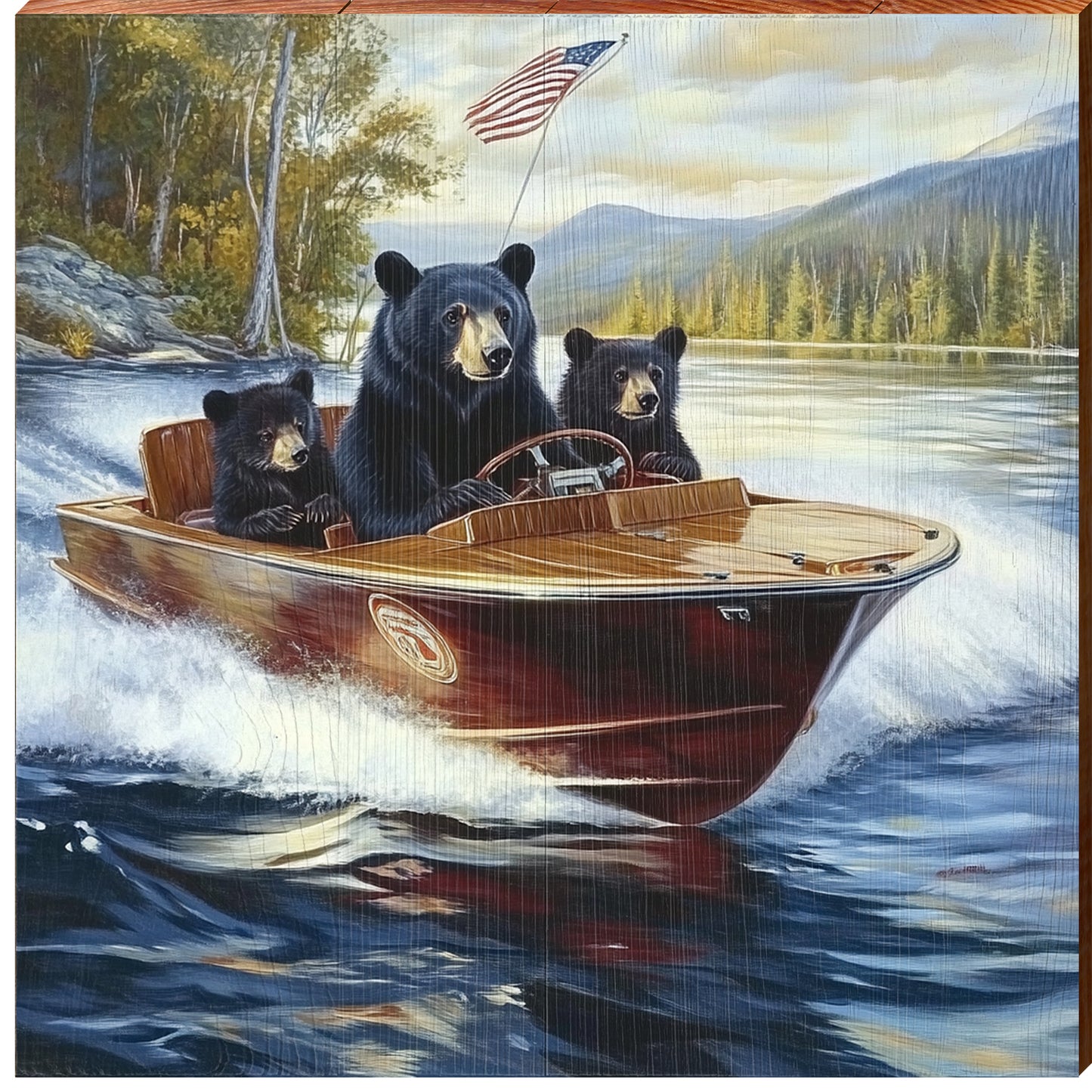 Black Bear Family Lake Boat Cruise | Wall Art Print on Real Wood